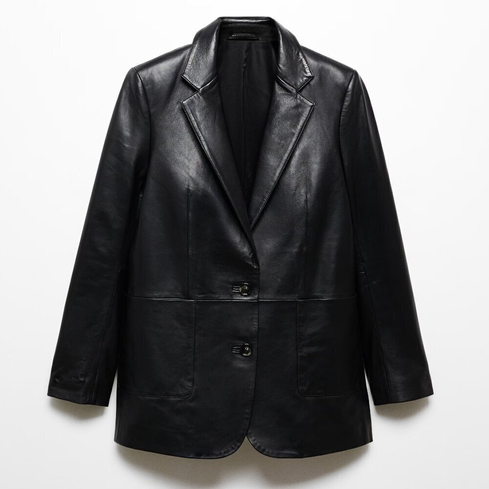 New Mango Selection Collection Daniela 100% Leather Pocket Black Jacket/Blazer